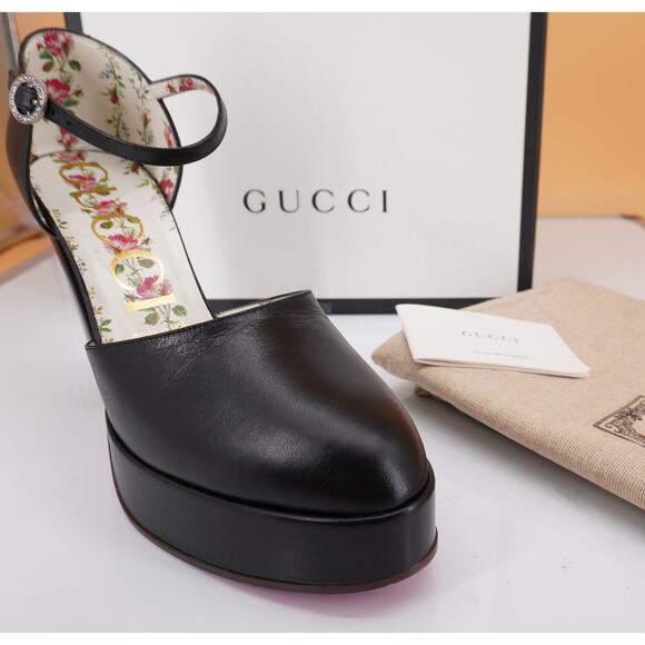 Gucci Agon Ankle Strap Black Leather Platform Pumps Size 38.5 New $890 Houston - Picture 1 of 11
